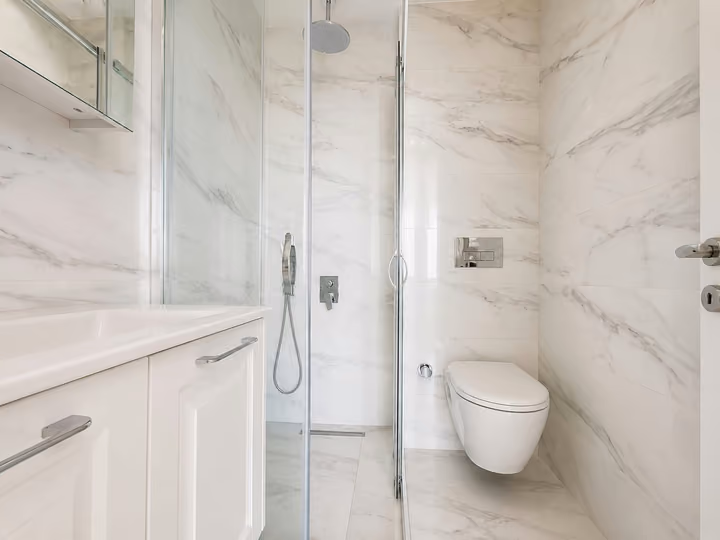 Bathroom with a glass shower enclosure, white vanity and wall-mounted toilet.