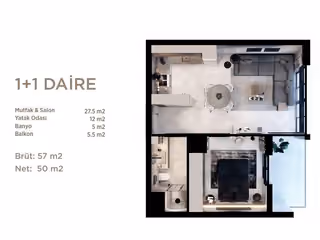 One-bedroom plan showing 57 square metres gross, 50 square metres net and one bathroom.