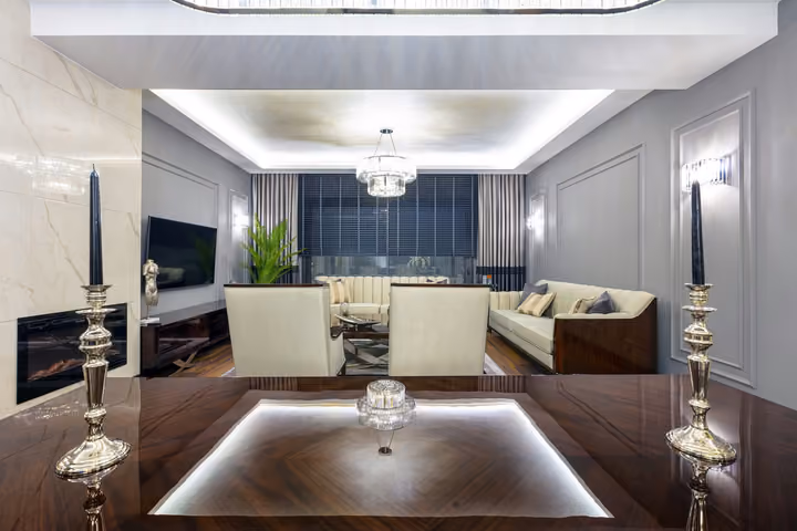 Photograph of apartment living and dining room.