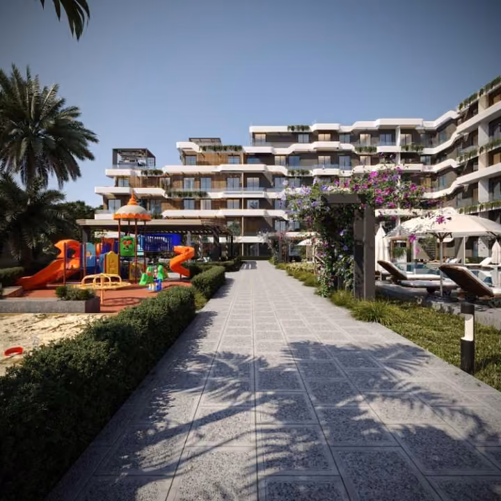Architectural visualisation of the garden path beside the children's playground.