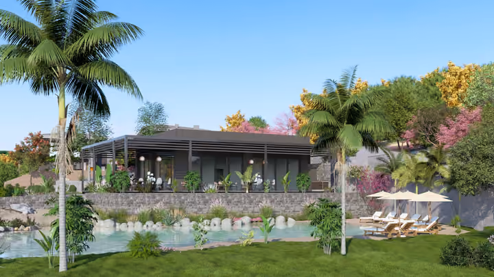 A wide garden view of a leisure pavilion, pool, palms and sunbeds. Architectural render supplied in the project source folder; it illustrates the proposed design.