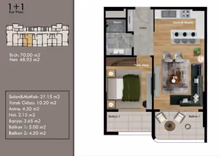 One-bedroom floor plan with 70 square metres gross area, one bathroom and two balconies.