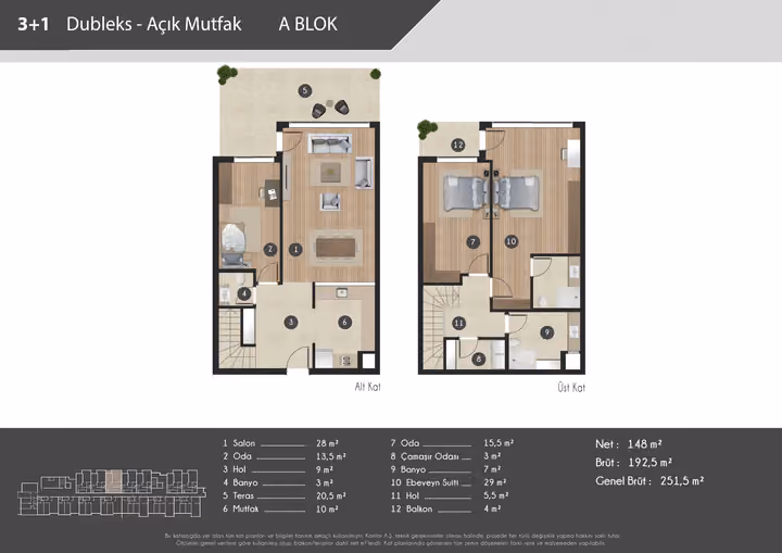 Published example floor plan showing three bedroom duplex apartment plan with terrace.