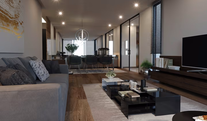 Architectural rendering of open living and dining room interior in Gaziemir, Izmir.
