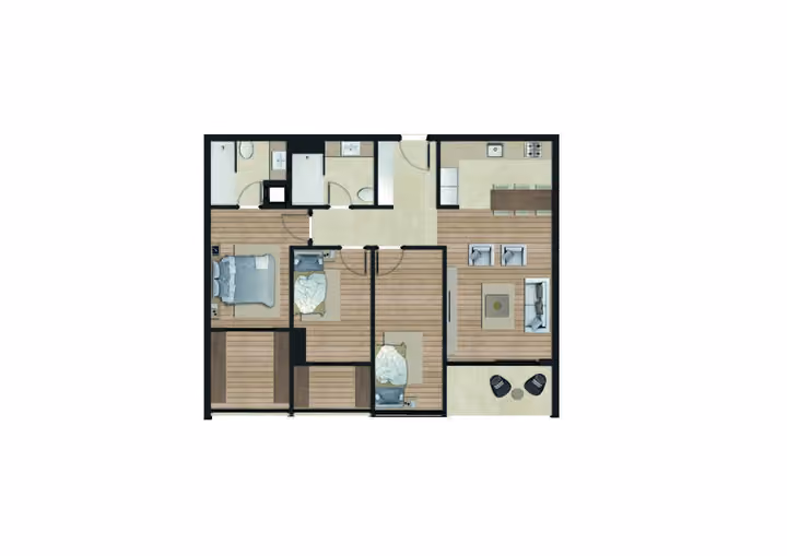 Original catalogue floor-plan illustration for a 3-bedroom apartment with two bathrooms, 90.30 square metres net and 100.00 square metres gross area. Some layouts also have a separate guest WC.