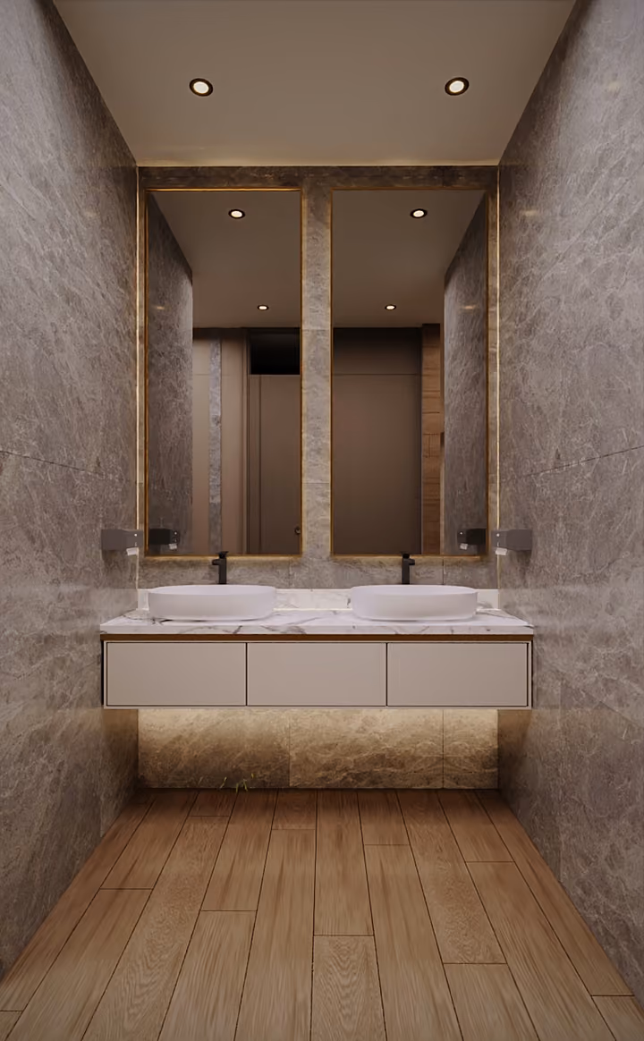 A washroom with a double vanity and a broad wall mirror. Architectural render supplied in the project source folder; it illustrates the proposed design.