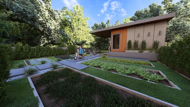 An arrangement of growing beds beside a garden building. Architectural render supplied in the project source folder; it illustrates the proposed design.