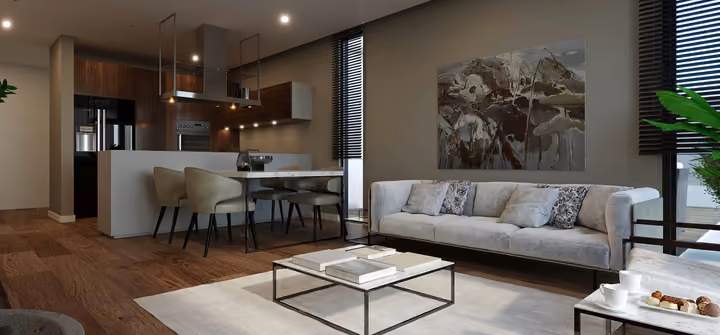 Architectural rendering of open living room with kitchen and dining area in Gaziemir, Izmir.