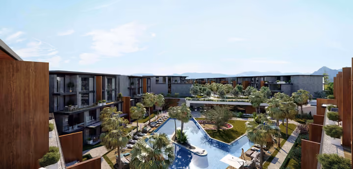 Architectural rendering of upper floor view over the pool courtyard in Gaziemir, Izmir.