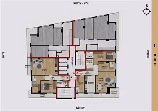First-floor plan showing apartment 1 at 87 square metres and apartment 4 at 114 square metres gross.
