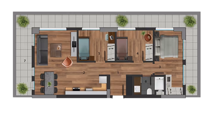 Three-bedroom apartment floor plan, showing room arrangement and outdoor space.