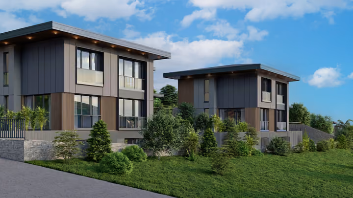 Modern villas beside a broad green lawn and planted boundaries. Architectural render supplied in the project source folder; it illustrates the proposed design.