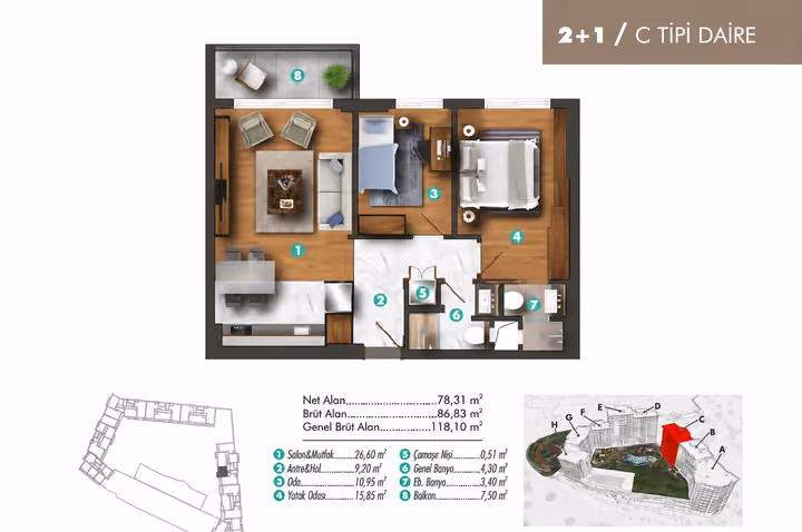 Apartment plan showing 2 bedrooms and 2 bathrooms; 86.83 square metres gross and 78.31 square metres net. General gross area is separately labelled in the drawing.