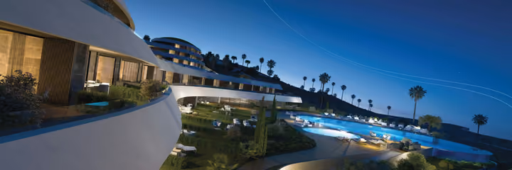 Architectural visualization of planted paths and the shared pool area after dark.