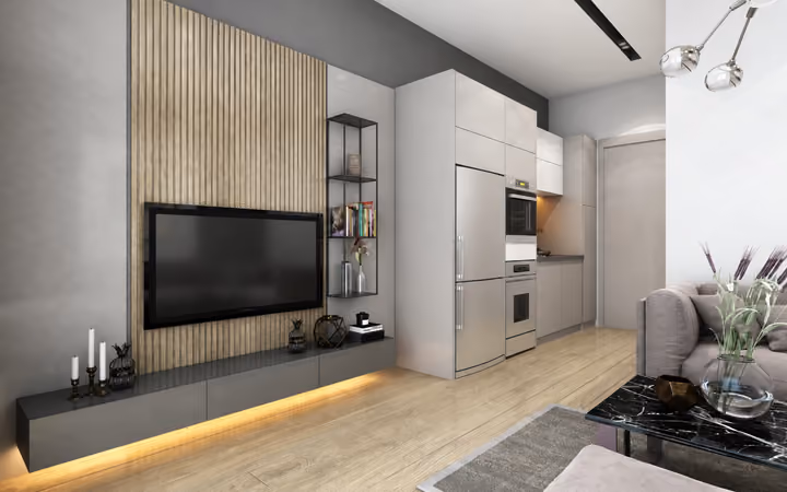 Interior rendering of a living room with television storage, kitchen cabinetry and sofa seating.