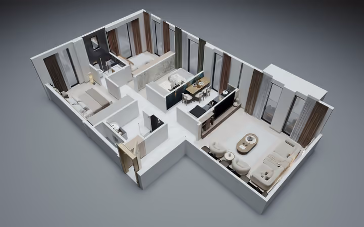 Three-dimensional apartment overview showing bedrooms, a living room, kitchen and bathrooms.