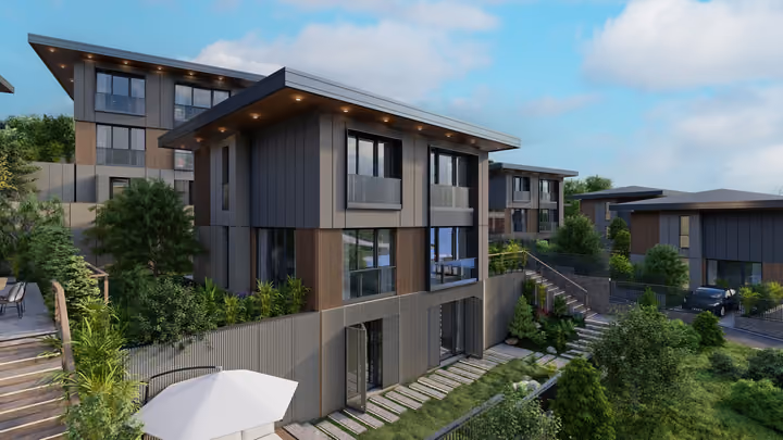 A group of villas with planted gardens and steps between levels. Architectural render supplied in the project source folder; it illustrates the proposed design.