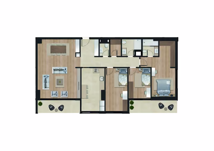 Original catalogue floor-plan illustration for a 3-bedroom apartment with two bathrooms, 131.01 square metres net and 148.00 square metres gross area. Some layouts also have a separate guest WC.