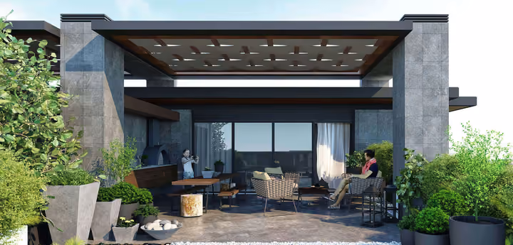 Architectural rendering of private terrace beneath a roof pergola in Gaziemir, Izmir.