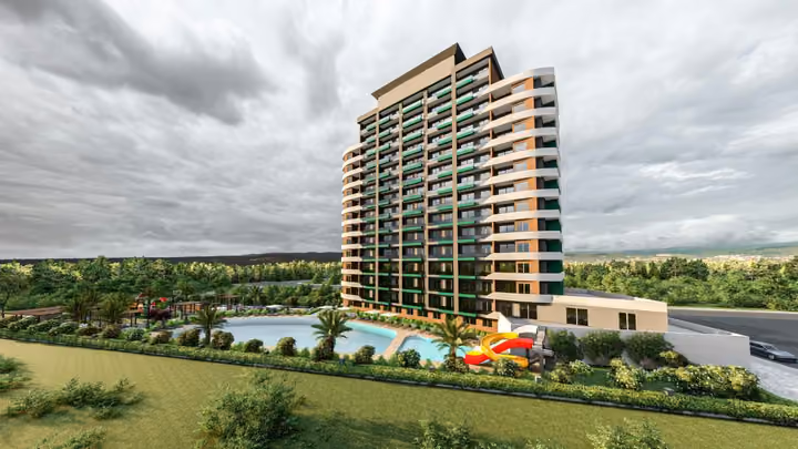 Architectural visualisation of the apartment tower and pool grounds in Tece.