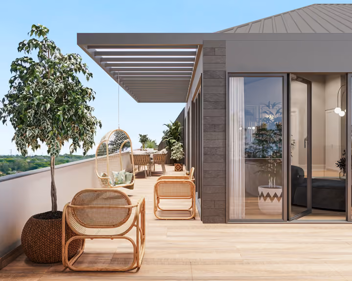 Architectural rendering illustrating a timber terrace with outdoor chairs, planting and a slatted overhead structure in Zekeriyakoy.
