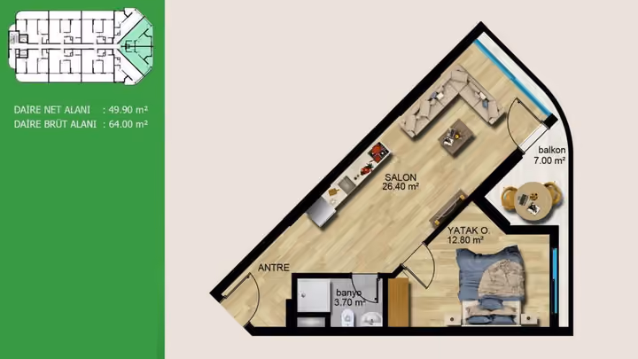 General project one-bedroom plan labelled 64 square meters gross; not a current sale option