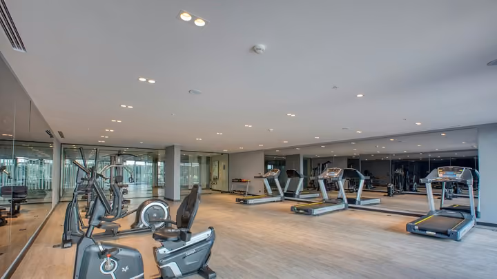 Fitness room with mirrored walls and exercise equipment in Boyalik, Cesme.