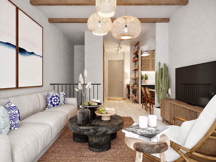 Architectural rendering of open living room with sofa and television cabinet in Alacati, Cesme.