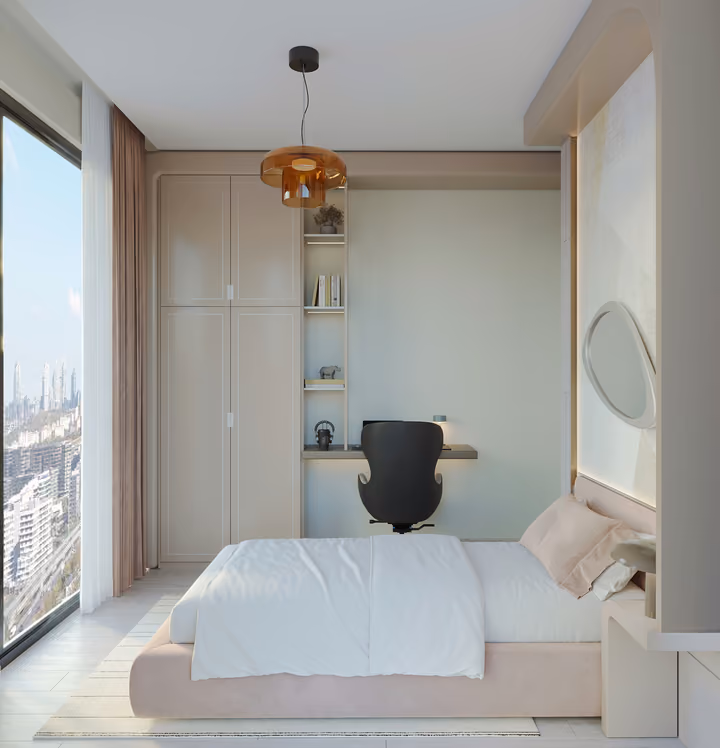 Single bedroom with a wardrobe, study desk and a large window.