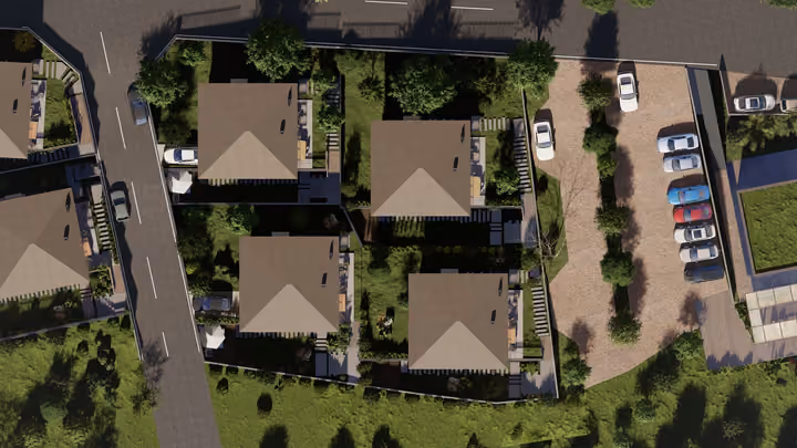 An overhead view of villa gardens, internal paths and a parking area. Architectural render supplied in the project source folder; it illustrates the proposed design.