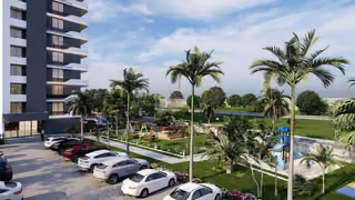 Architectural visualisation of outdoor parking beside the apartment buildings.