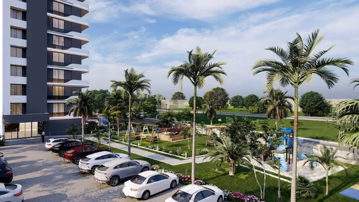Architectural visualisation of outdoor parking beside the apartment buildings.