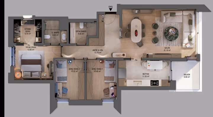 Three-bedroom apartment plan showing two bathrooms, a dressing area and a separate kitchen.