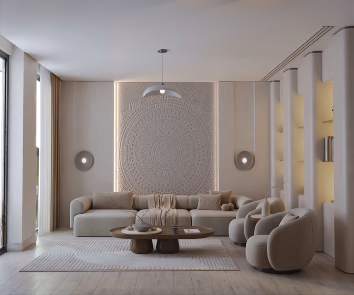 Living room with a sofa, armchairs, coffee table and decorative wall panels.