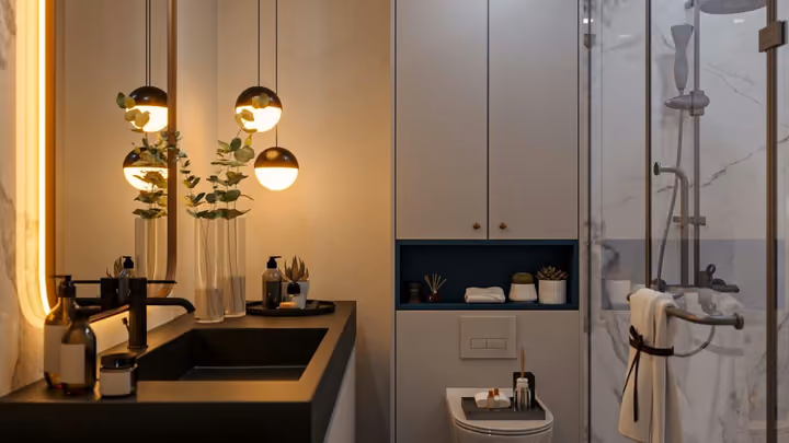 Interior rendering of a shower enclosure, washbasin and toilet