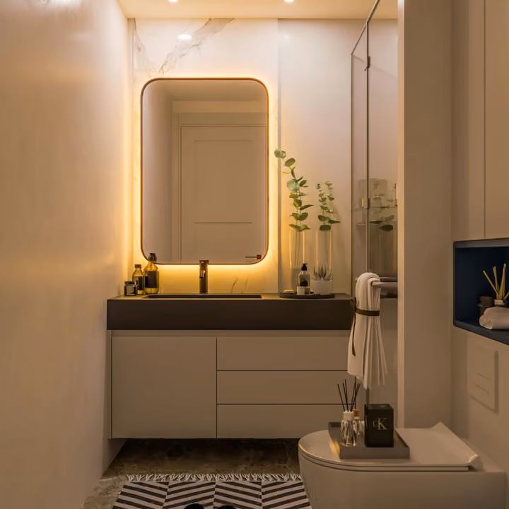 Interior rendering of a bathroom vanity, illuminated mirror and storage