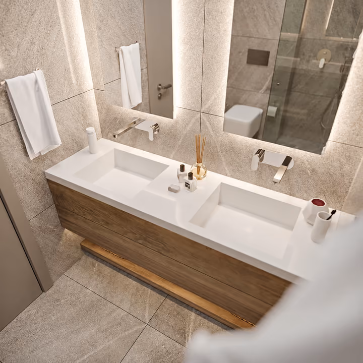 Interior visualization showing the washbasin vanity, mirror and tiled finishes.
