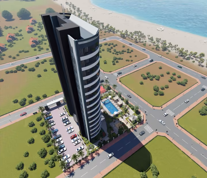 Illustrative aerial rendering of the tower and site; not a survey or view guarantee