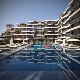Architectural visualisation of the shared outdoor swimming pool.