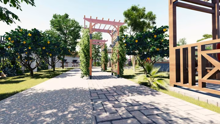 Rendering of a garden path and planted pergola