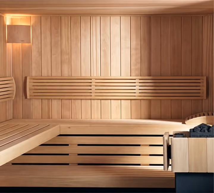 Sauna with timber benches.