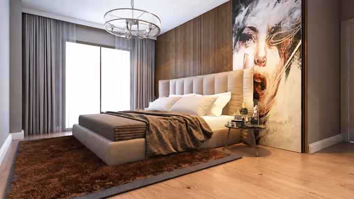 Interior rendering of a bedroom with a double bed, large window and wall artwork.