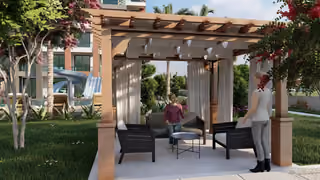 Architectural visualisation of gazebo seating in the landscaped grounds.
