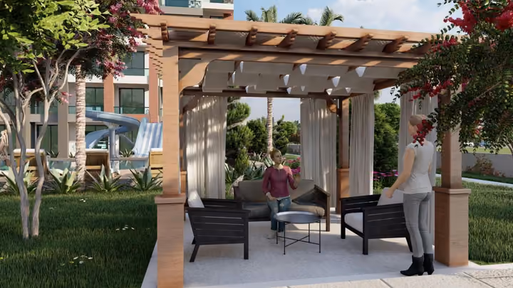 Architectural visualisation of gazebo seating in the landscaped grounds.