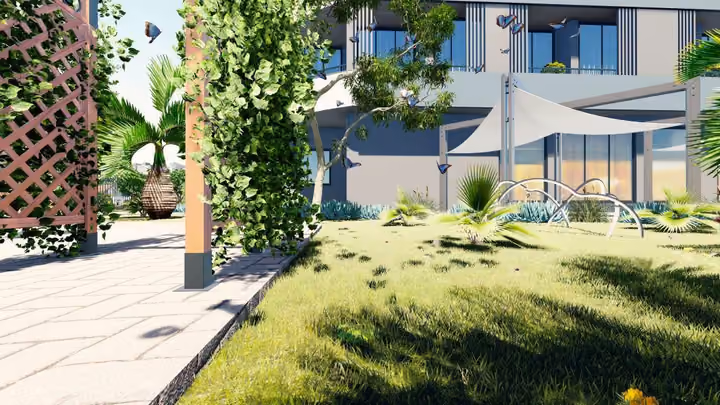 Rendering of landscaped lawns and planted borders