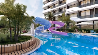 Architectural visualisation of the outdoor swimming pool and water slides.