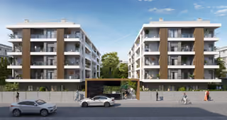 Front architectural visualization showing the two blocks, balconies and central entrance.
