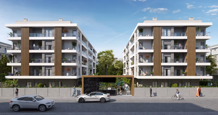 Front architectural visualization showing the two blocks, balconies and central entrance.