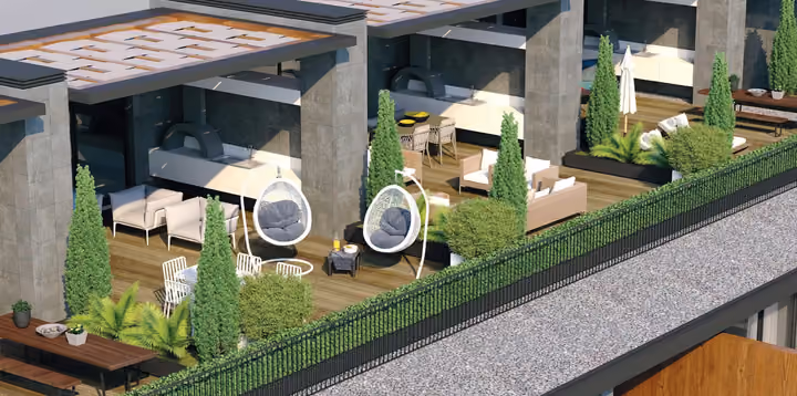 Architectural rendering of private terrace gardens beneath roof pergolas in Gaziemir, Izmir.