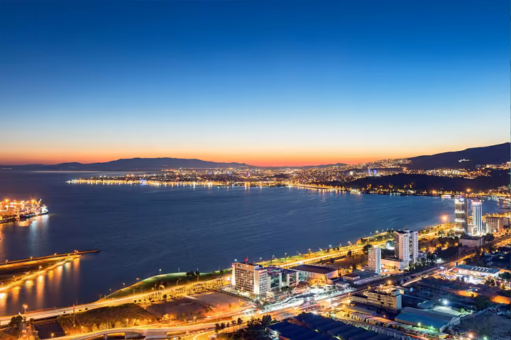 Evening panorama over Izmir Bay and the waterfront.